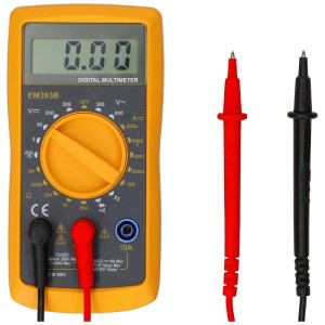 Multimètre numérique jaune EM393B avec écran LCD et cordons de mesure.