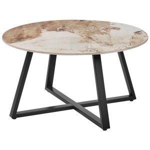 Table basse ronde IVINS avec plateau en céramique imitation marbre et cadre en métal noir.