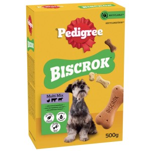 Pedigree Biscrok biscotti per cani, confezione da 500g con cane sul davanti.