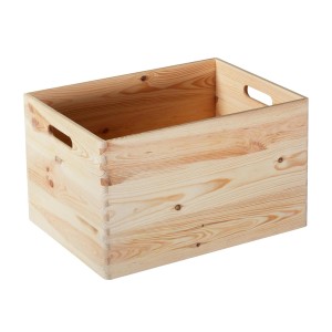 Scatola impilabile in pino, 230x300x400 mm, con maniglie laterali per lo stoccaggio.