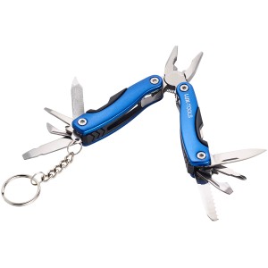 Mini-outil multifonction LUX 12 en 1 bleu ouvert avec pinces, couteau, tournevis et porte-clés.
