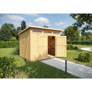 Casetta da giardino in legno Weka 264 non trattata con tetto a una falda e doppie porte aperte, in giardino.