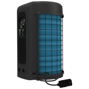 Riscaldatore per piscina Sun Spring 10 per piscine fino a 30 m³: Pompa di calore con griglia blu e alloggiamento nero.