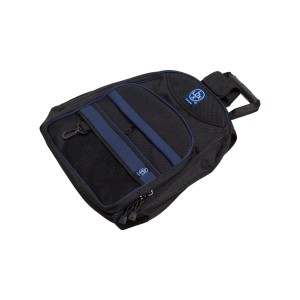 Zaino porta attrezzi LUX nero con dettagli blu e maniglia.