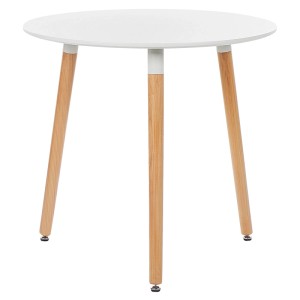 Table de salle à manger Beliani Boma, table ronde avec plateau en MDF blanc et pieds en bois clair.