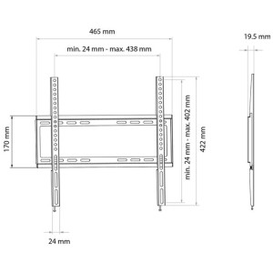 Disegno tecnico del supporto TV a parete nero Schwaiger Fixed 2 con dimensioni.