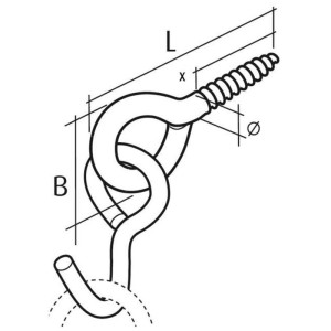 Schizzo di un gancio per amaca in acciaio con filetto per legno per sedie sospese.