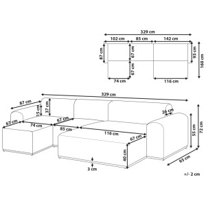 Schéma de l'ensemble lounge vert Battifollo avec dimensions pour mobilier de jardin.