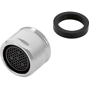 Aeratore cromato M20 per rubinetto lavabo, con anello di tenuta nero.