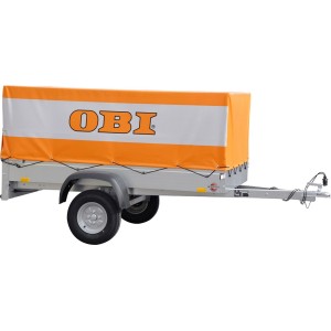 Ensemble remorque Stema AN 750-13 avec bâche haute OBI (60 cm). Remorque auto avec bâche orange.