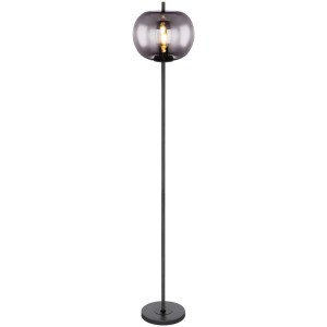 Lampadaire moderne Globo Blacky : Métal noir, globe en verre fumé, Ø 30 cm, hauteur 160 cm.