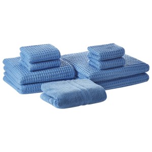 Ensemble de 9 serviettes Beliani Areora en coton bleu avec texture gaufrée.