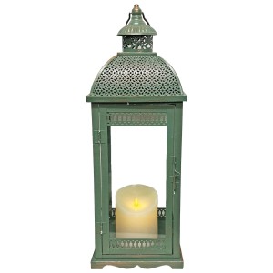 Lanterne en métal vert avec parois en verre, 52,5 cm de haut, avec bougie LED.