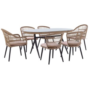 Salon de jardin Aliano 6 places: table ovale plateau verre, 6 chaises en polyrotin avec coussins clairs.