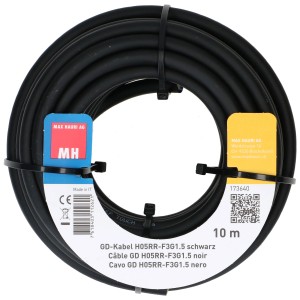 Cavo GD nero H05RR-F, 3x1,5 mm², 10 m tubo flessibile in gomma, arrotolato e fissato con fascette.