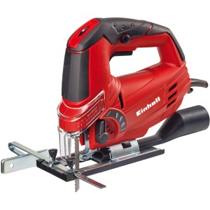 Scie sauteuse Einhell TC-JS 85 : Scie sauteuse rouge avec lame, guide parallèle et changement de lame sans outil.