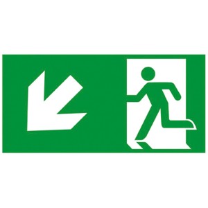 Cartello uscita di emergenza Alpertec, scale/freccia sinistra/basso, sfondo verde, simboli bianchi.