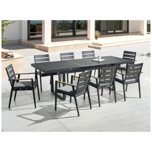 Set mobili da giardino Beliani Valcanetto/Taviano nero con tavolo allungabile in alluminio e 8 sedie con cuscini grigi.