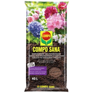 Sacco di terriccio per rododendri Compo Sana, terriccio speciale senza torba per rododendri e ortensie, 40 litri.