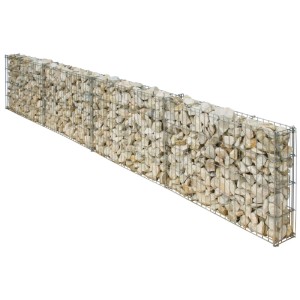 Grillage de mur gabion courbé, 118x10x40 cm, rempli de pierres claires. Idéal pour les bordures de jardin.
