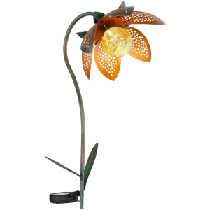 Lampe solaire fleur en métal avec pique, hauteur 90 cm. Décoration pour jardin et parterre.