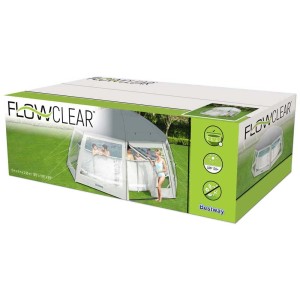 Emballage de l'abri de piscine Flowclear Ø 6 m, hauteur 2,95 m.