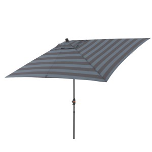 Rechteckiger, blau-grau gestreifter Doppler Marktschirm (200x300 cm) mit Kurbel.