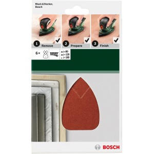 Set de feuilles abrasives Bosch pour ponceuse multifonction : papier abrasif de différents grains.