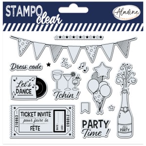 Aladine Clear Stamp Party Set mit Party-Motiven: Girlande, Getränke, Luftballons, Sektflasche, Ticket, Musik.