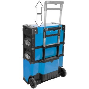Chariot à outils bleu Güde GWZT 2/1 avec poignée télescopique et roulettes. Chariot d'atelier avec coffre, tiroirs et compartiment basculant.