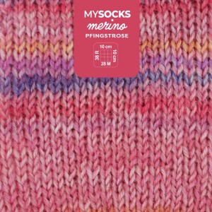 Laine Myboshi mysocks Merino Pfingstrose, gros plan du motif tricoté dans les tons rose, violet et jaune.