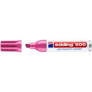 Marqueur permanent rose Edding 500 avec pointe biseautée et capuchon retiré.