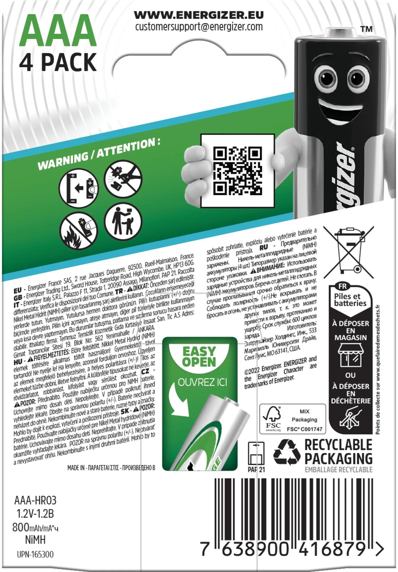 Piles Rechargeables Energizer AAA – 4 Piles 800 MAh, Préchargées, Pour Appareils Sans Fil
