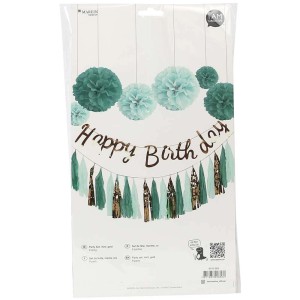 I Am Creative Party-Set Happy Birthday Mintgrün-Gold, 8-teilig mit Pompons und Girlanden.