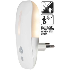 Luce notturna LED bianca con sensore crepuscolare e di movimento per interni.