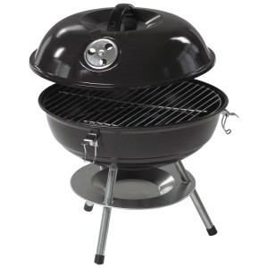 Mini barbecue à charbon noir avec couvercle ouvert et grille.
