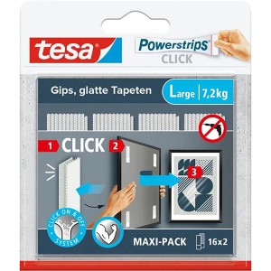 Tesa Powerstrips Click Large, 16 pièces. Coller au lieu de percer pour tableaux et décorations.