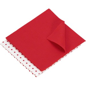 Due panni in tessuto non tessuto per piatti e casa, uno rosso, uno bianco con pois rossi.
