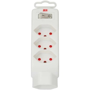 Bloc multiprise Safety-Line blanc avec 4 prises type 13, sécurité enfant et interrupteur.