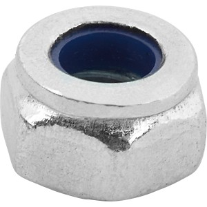 Gros plan : écrou de blocage LUX M8 zingué avec bague de blocage bleue. Lot de 100.
