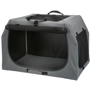 Trasportino per cani Trixie Soft Kennel Easy grigio, taglia S-M, con telaio in metallo e tappetino.