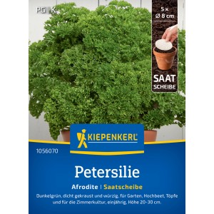 Kiepenkerl Petersilie Afrodite Saatscheibe, dunkelgrüne, krause Petersilie im Topf.