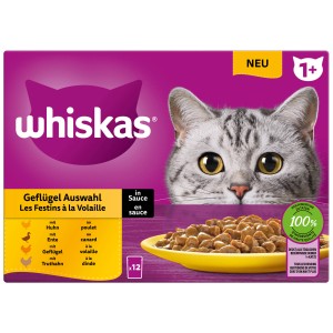 Whiskas Katzen-Nassfutter 1+ Geflügel in Sauce, 12 x 85g Packung.