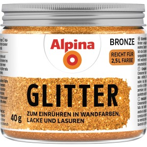 Glitter creativo Alpina bronzo 40g in barattolo di vetro, adatto per pitture murali, vernici e smalti.