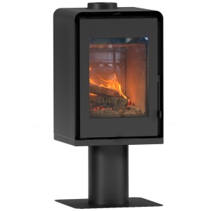 Poêle noir Ecofox Modula avec base Base 3 et bois qui brûle.
