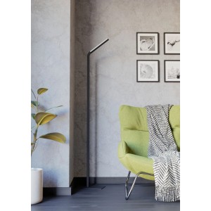 Lampada da terra LED Eglo Mirante nera e sottile in soggiorno moderno. Luce indiretta per illuminazione senza abbagliamento.