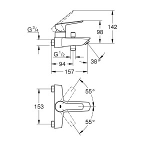 Disegno tecnico: Miscelatore per vasca Grohe Start, cromo, con dimensioni.