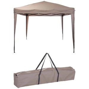 Gazebo quadrato taupe con struttura in acciaio e borsa per il trasporto.