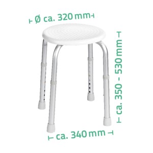 Tabouret de douche Ridder, blanc, rond, réglable en hauteur de 35 à 53 cm, pour plus de sécurité dans la salle de bain.