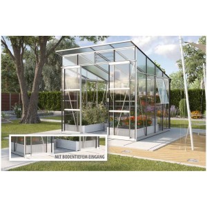 Vitavia Gewächshaus Playa 7600 mit Stahlfundamentrahmen, Hohlkammerplatten und Sicherheitsglas im Garten.